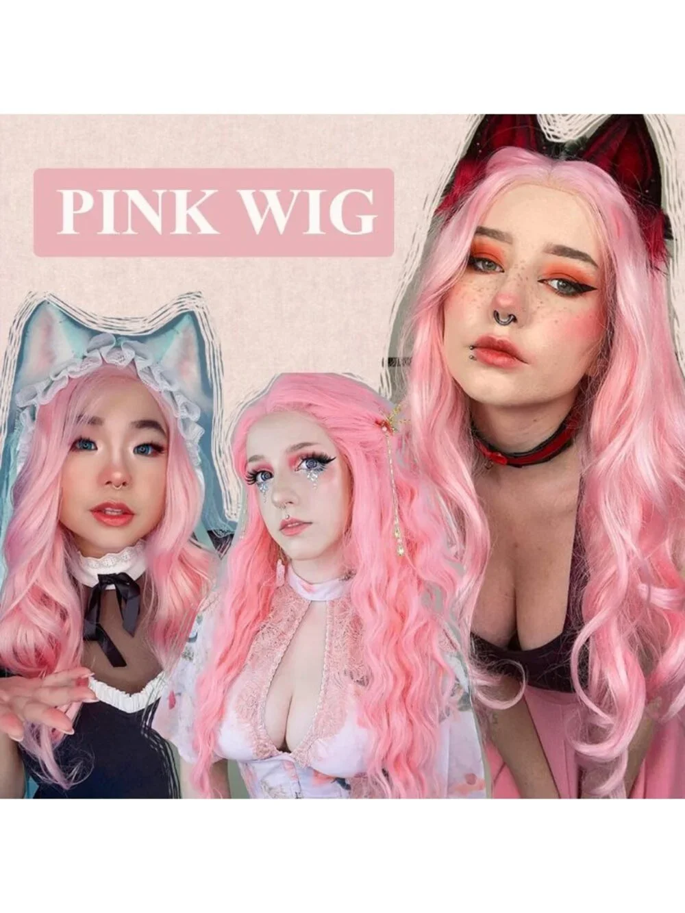 26 Inch Women's Pink Long Wavy Curly Hair Wig Halloween Cosplay